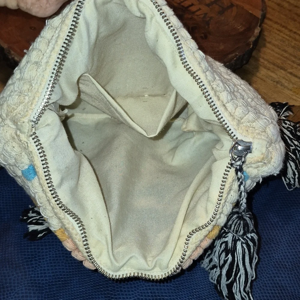 Cost Plus World Market Cream Fabric with Zipper Boho Inspired Clutch/Make Up Bag